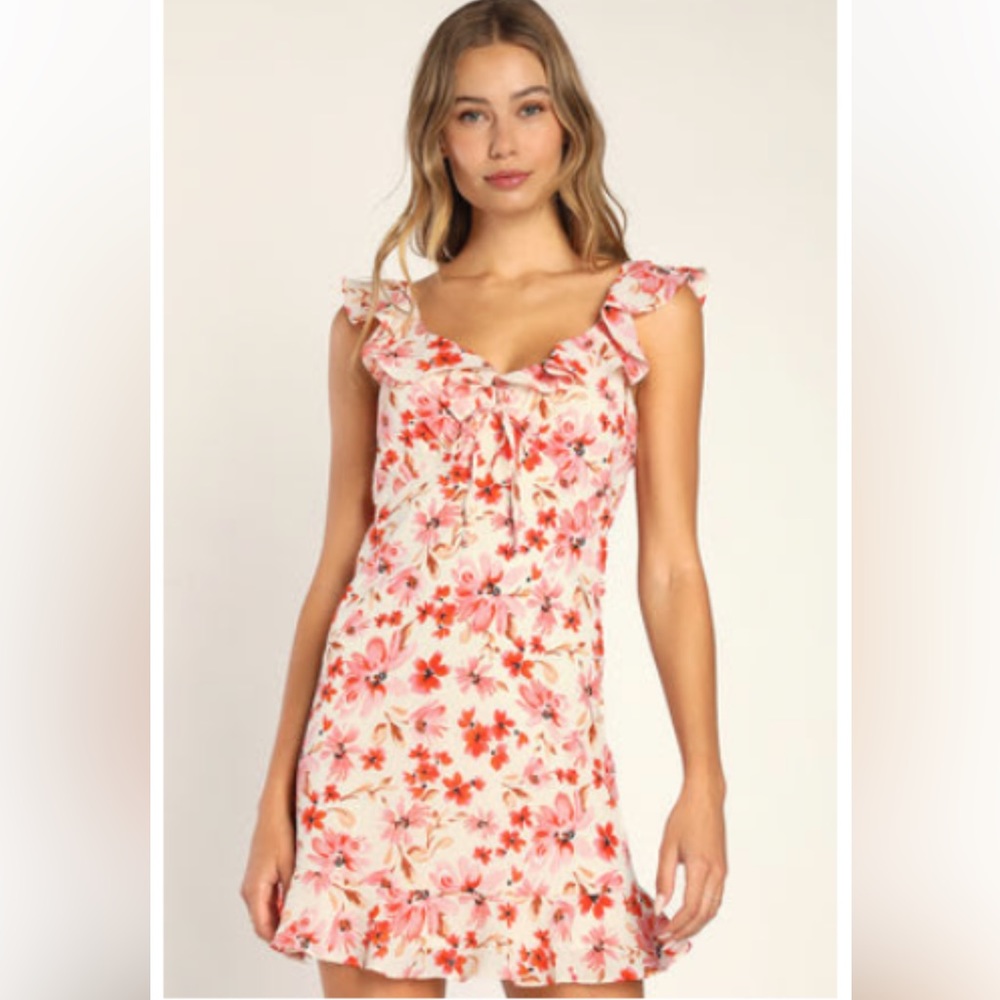 Posy Picnic Cream Floral Print Ruffled Tie-Back Mini Dress